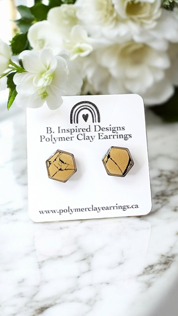 Marbled Hexagon Studs in Tan